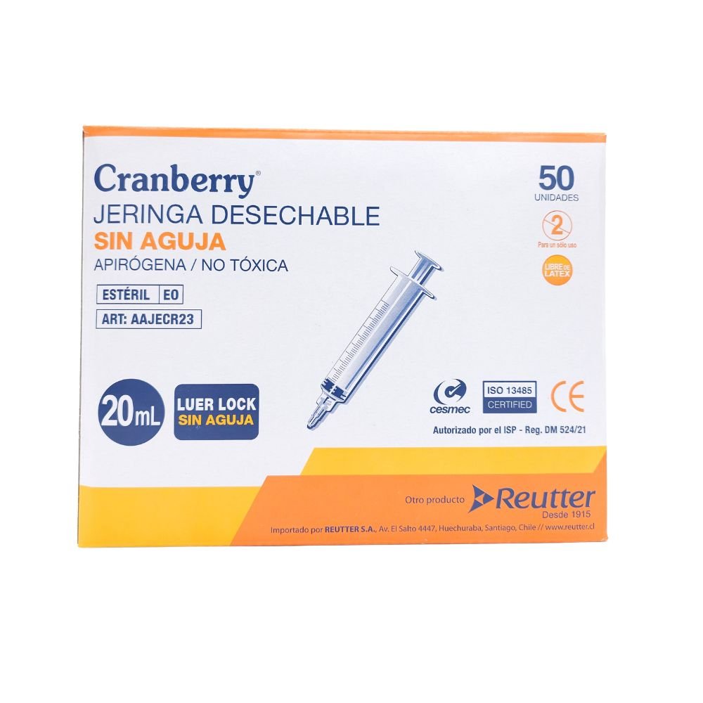 Jeringa 20 ml sin aguja Cramberry