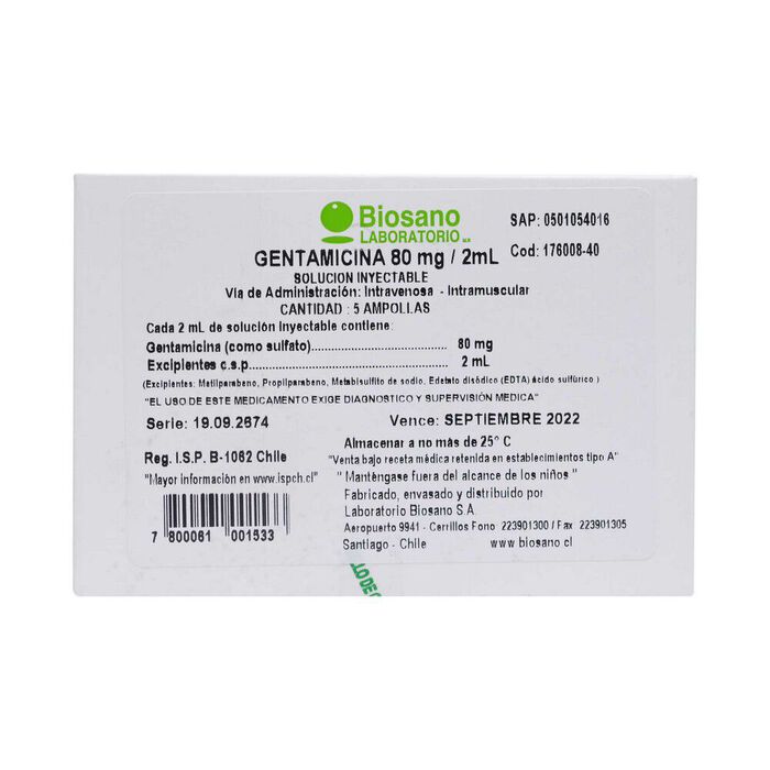 Gentamicina 80mg/2mL X 5 Amp. Biosano